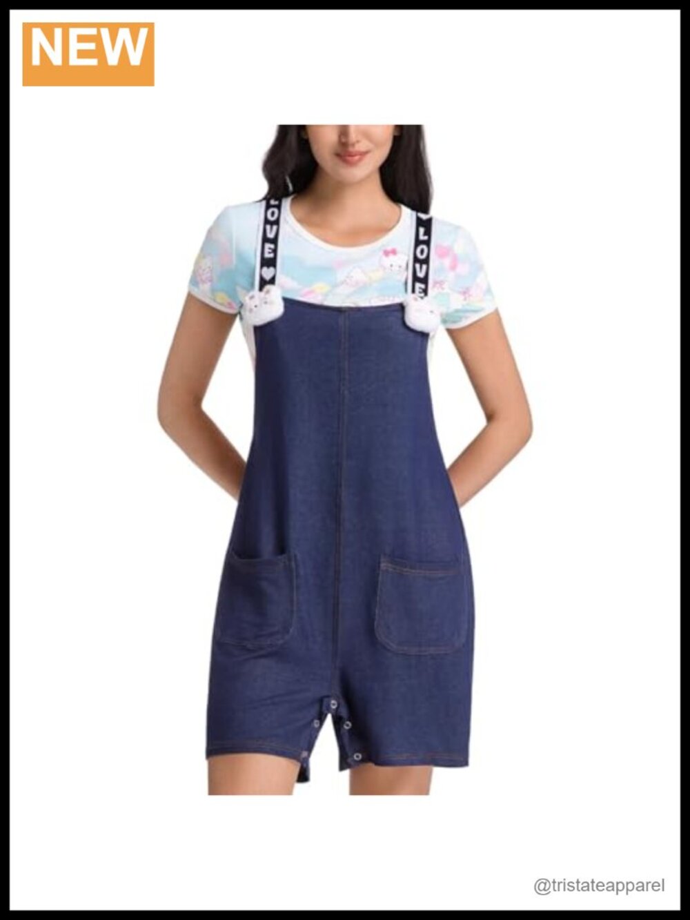 Faux Denim Overall Romper with Pockets Adjustable Straps Shorts